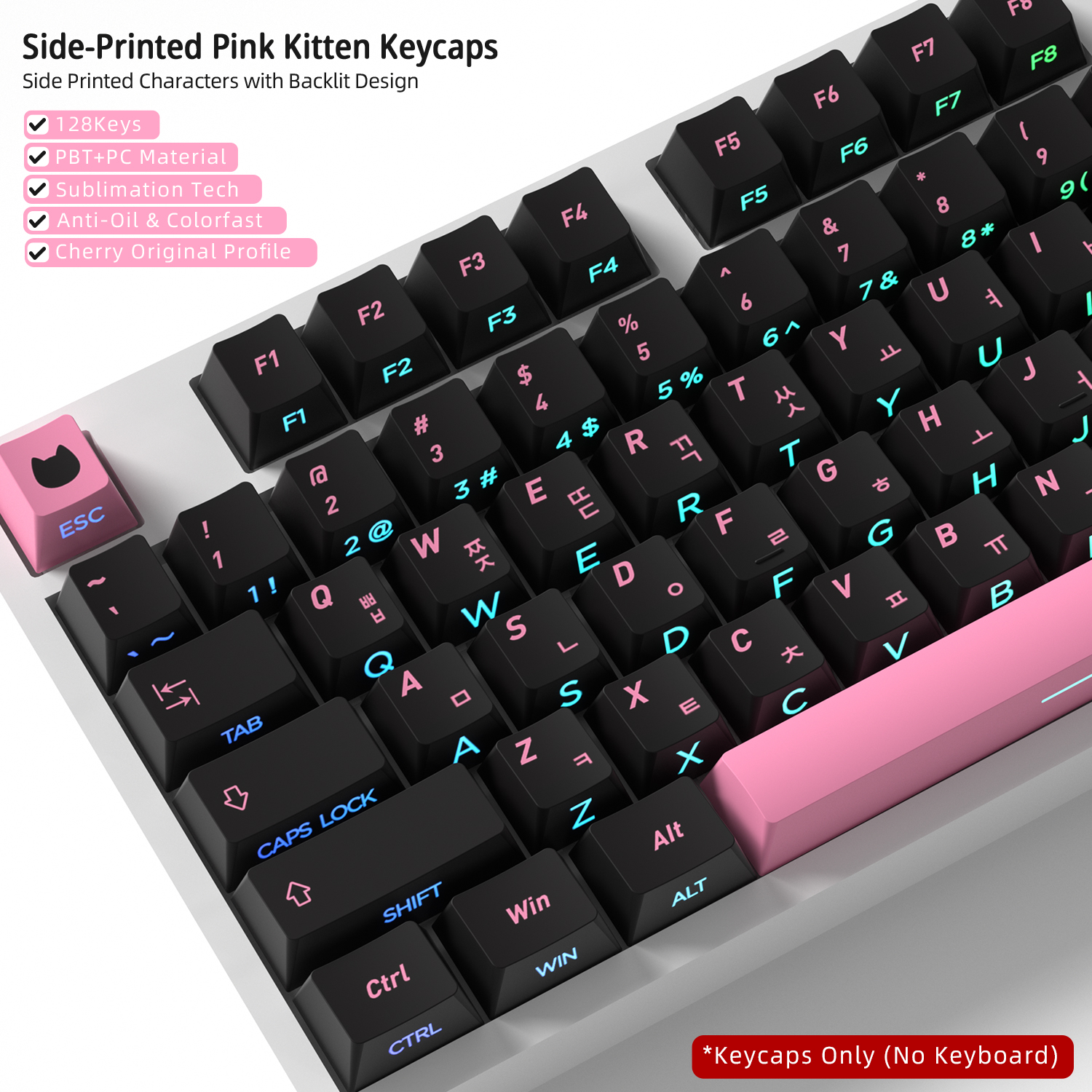 Keyboard Gaming Black - Black Pink Cat Korean Keycaps Side