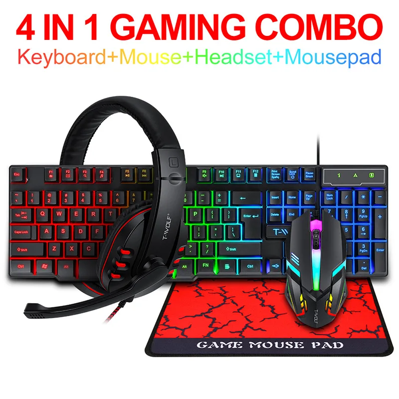 Gaming Keyboard And Mouse Combo - T-WOLF Game Four Piece TF800 Illuminated